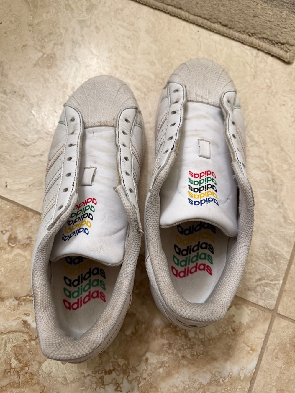 adidas White Shell-Toe Sneakers with Multicolor Logos